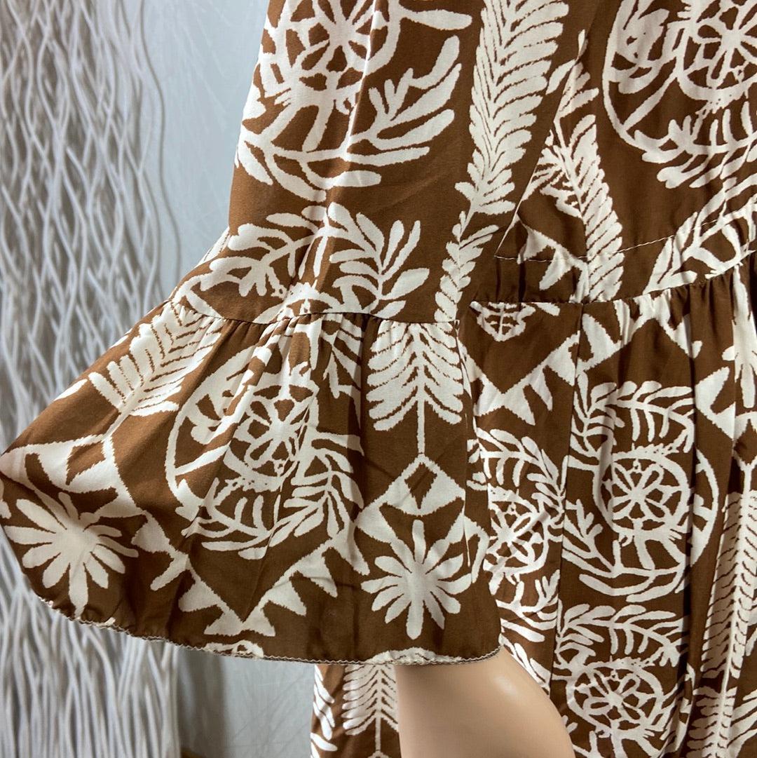 Robe courte marron motifs beige manches 3/4 jeu de plis Made In Italy - Offre-Unique