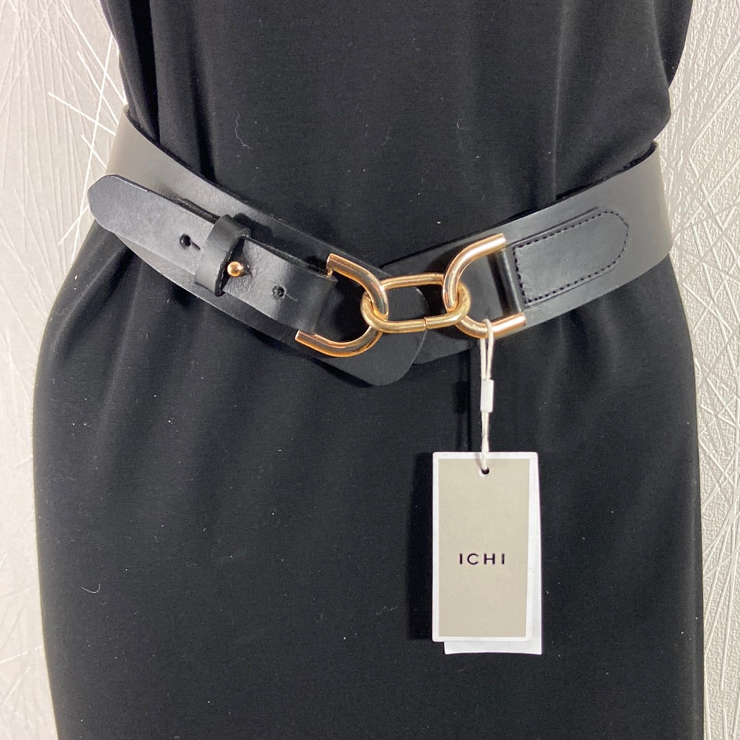 Ceinture femme en cuir noir avec maillon de chaine doré modèle Larocsi Ichi