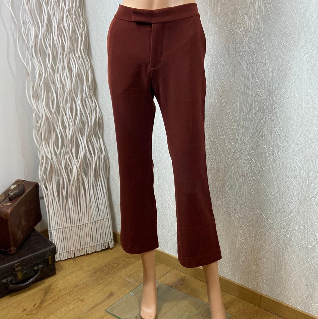 Pantalon femme marron 7/8 taille mi-haute bande noire Ann - Offre-Unique