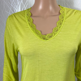 T-shirt  jaune vif dentelle manches longues col V Made in Italy