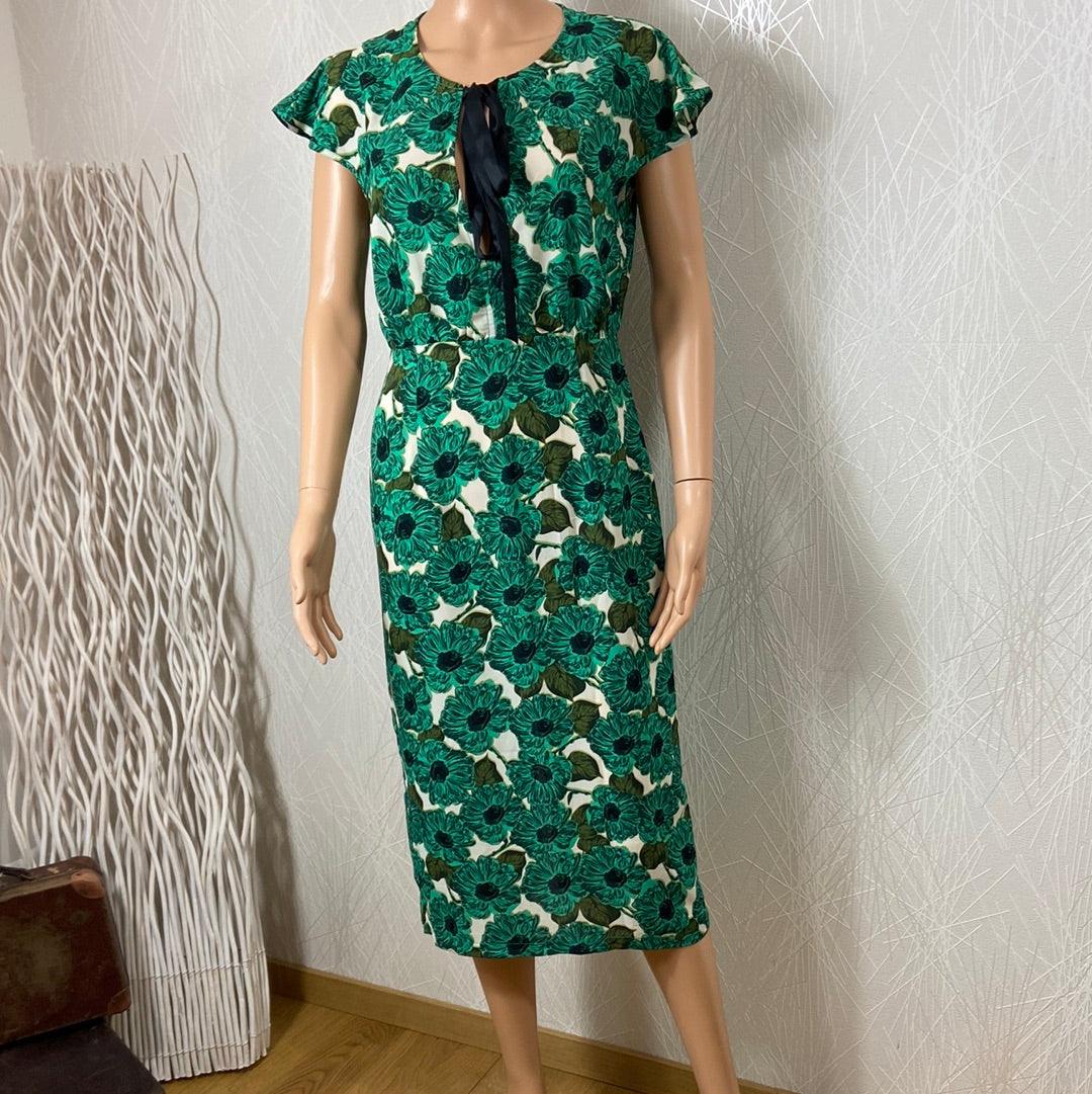 Robe midi verte soie manches courtes fleurs flot vintage Trinket Dress Traffic People - Offre-Unique