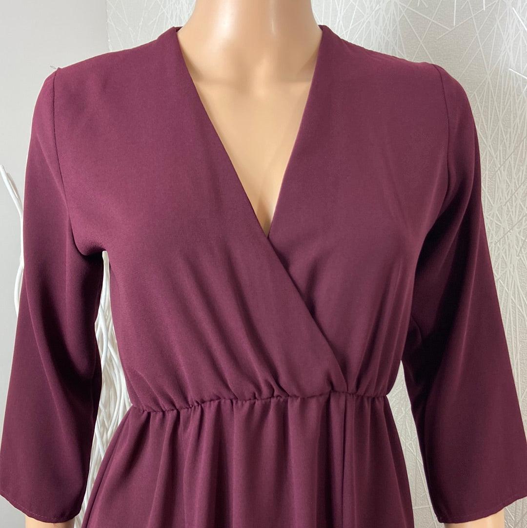 Robe midi rouge bordeaux uni manches 3/4 cache coeur taille élastique Les Petites Fleurs - Offre-Unique