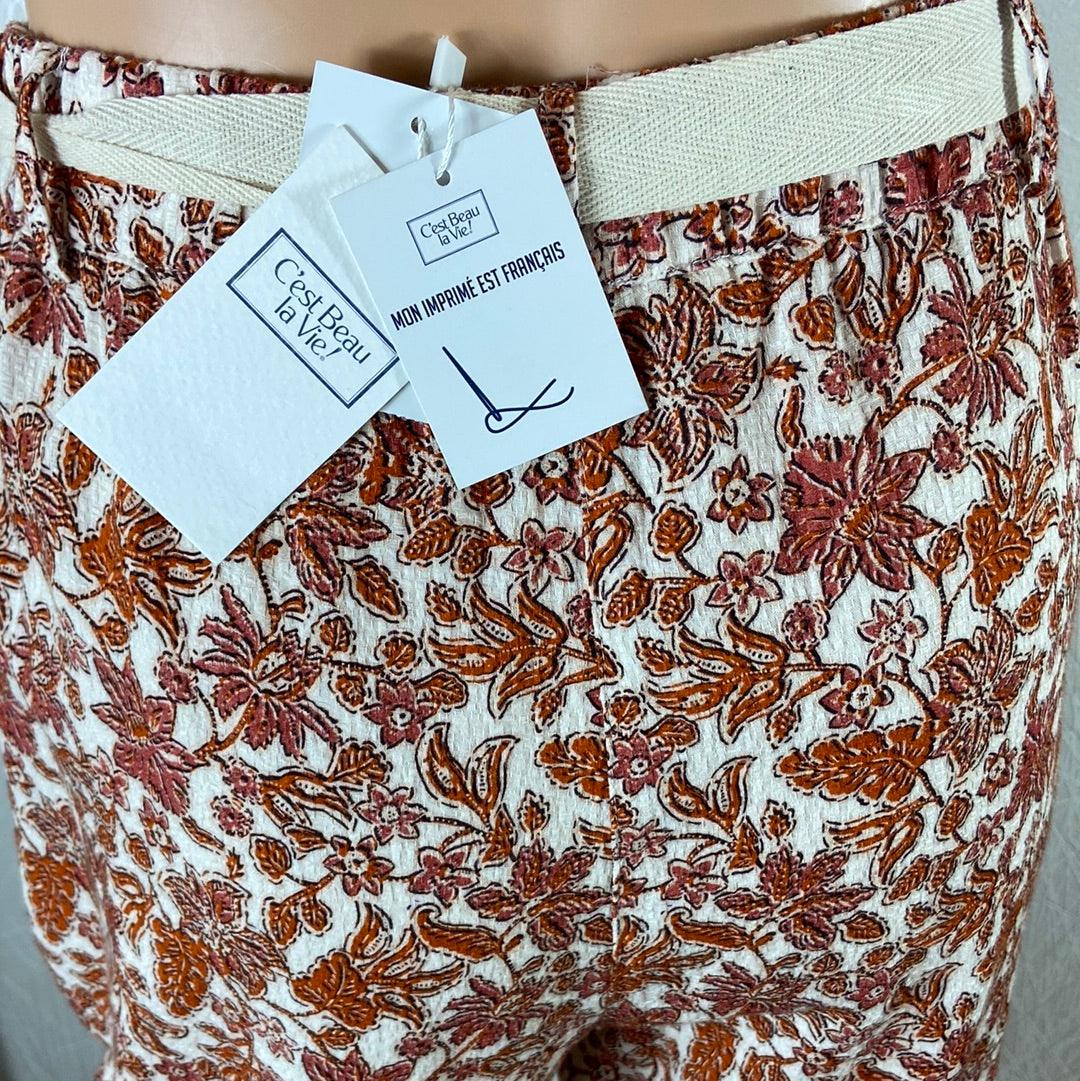 Pantalon coton léger fleuri beige brun taille haute élastique C’est Beau La Vie - Offre-Unique