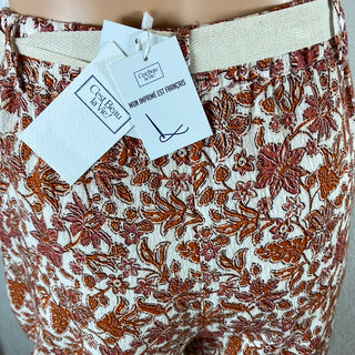 Pantalon coton léger fleuri beige brun taille haute élastique C’est Beau La Vie