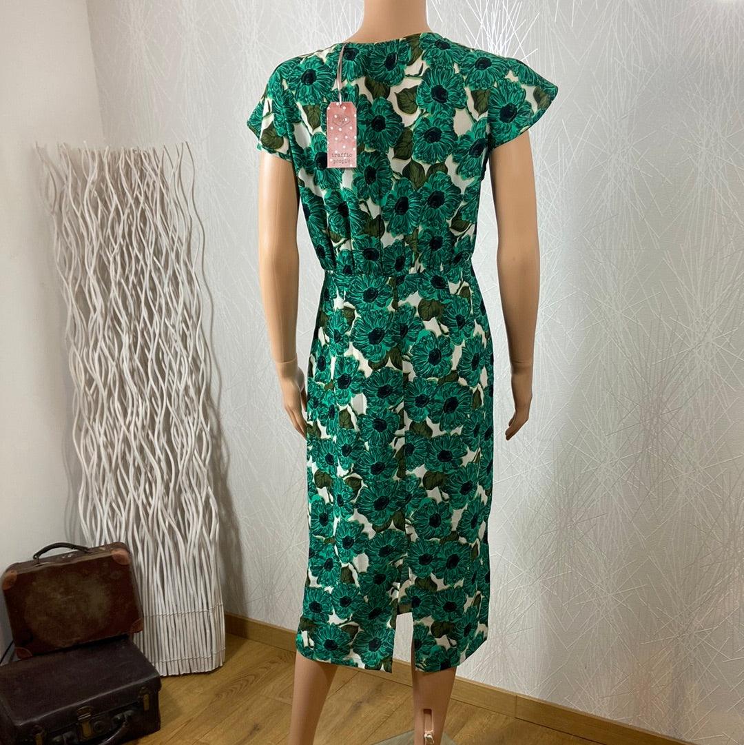 Robe midi verte soie manches courtes fleurs flot vintage Trinket Dress Traffic People - Offre-Unique