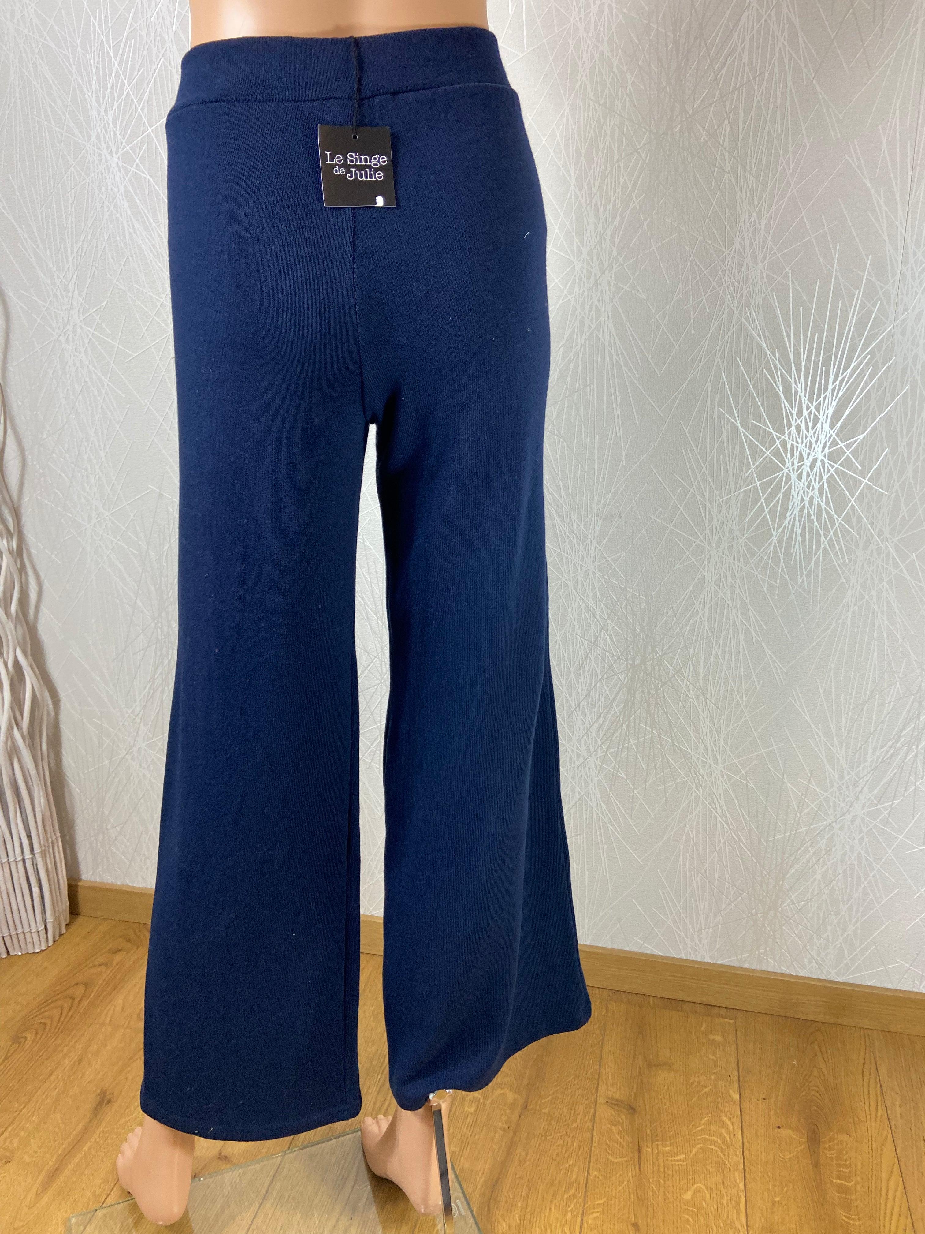 Pantalon fluide élastique tissu jersey bleu marine jambes larges Le singe de Julie - Offre-Unique