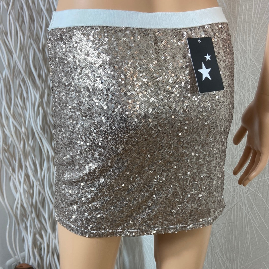 Jupe doublée courte moulante brun cuivré sequins taille élastique Made In Italy