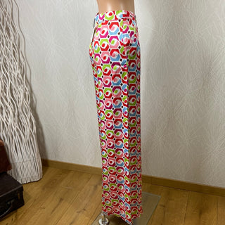 Pantalon femme ample motif vintage multicolore taille mi-haute modèle Cazo Surkana
