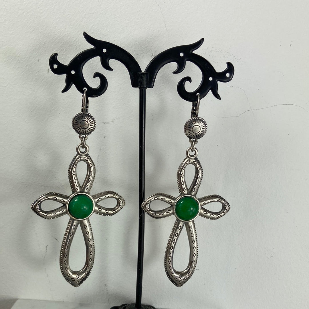 Boucles d’oreilles pendantes dormeuses plaqué argent pierre semi-précieuse verte Shabada