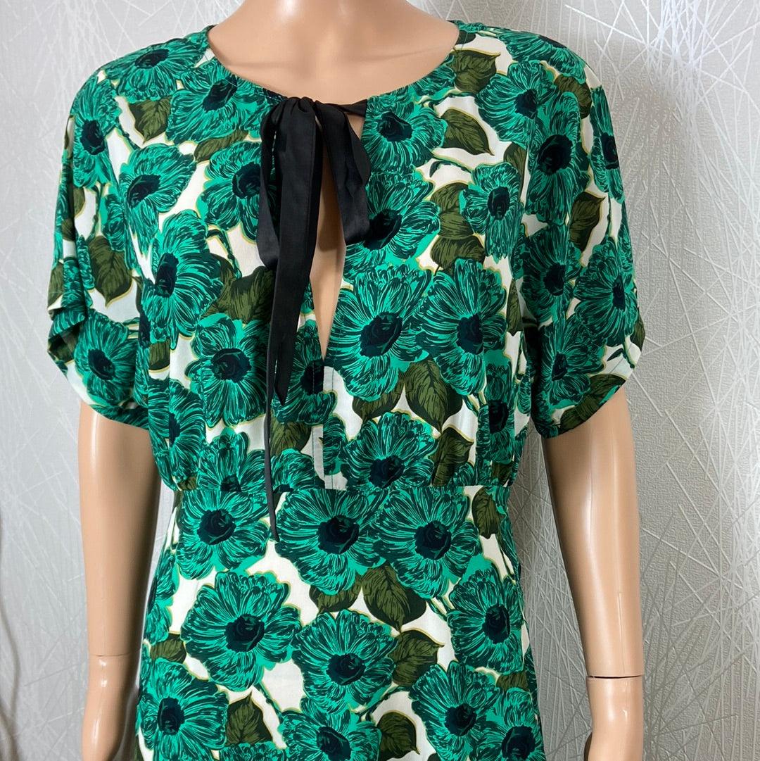 Robe longue verte fleurs motif vintage manches courtes Lenu Dress Traffic People - Offre-Unique