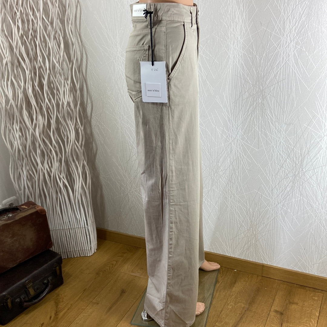 Pantalon large coton beige taille haute jambes larges Noir’n’Bleu