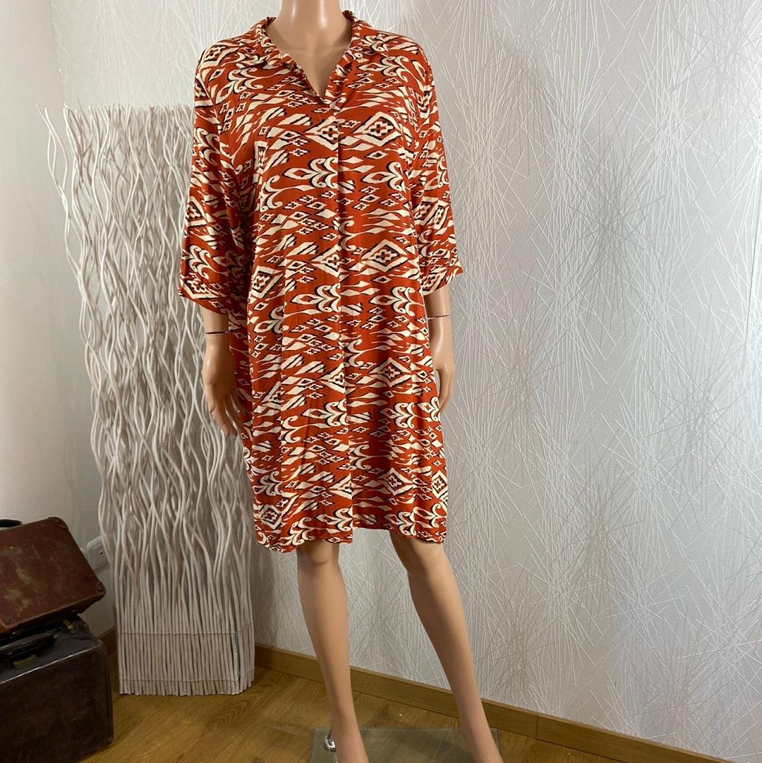 Robe courte ample col V plis manches 3/4 Made In Italy - Offre-Unique