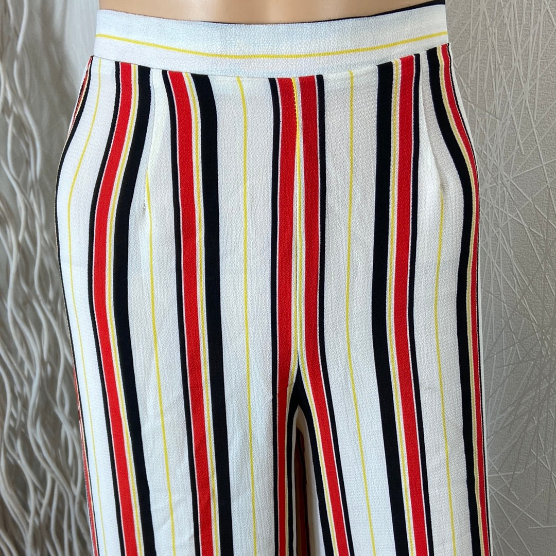 Pantalon femme rayé multicolore jambes larges taille haute élastique A Calin