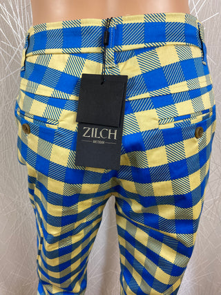 Pantalon coupe droite à carreaux bleu et jaune Zilch