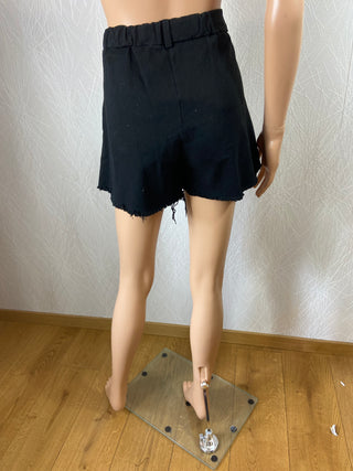 Short coton denim jean noir taille haute élastique ourlet frangé Made In Italy