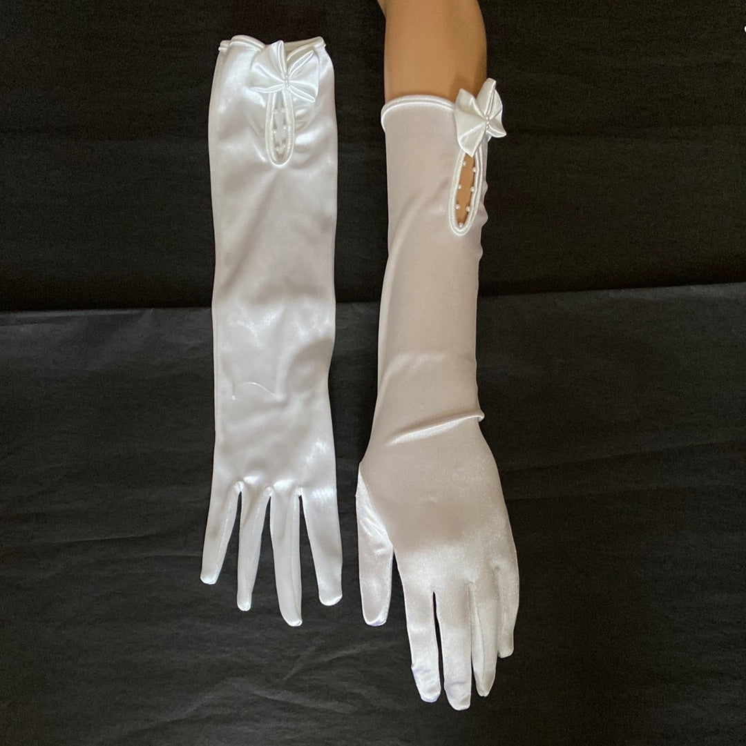 Gants blanc avec flot femme perles tissu satin fin mariage soirée événement