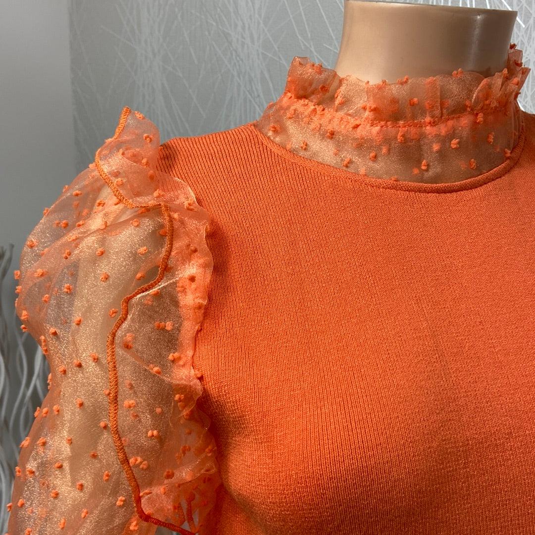 Pull orange manches transparentes broderie Papillonne - Offre-Unique