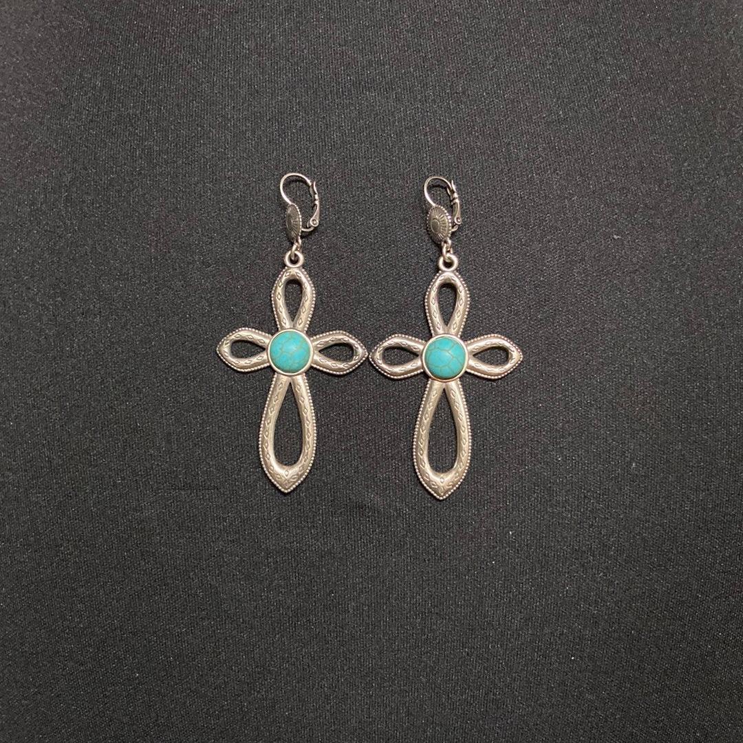 Boucles d’oreilles croix pendantes dormeuses plaqué argent pierre bleu turquoise Shabada - Offre-Unique