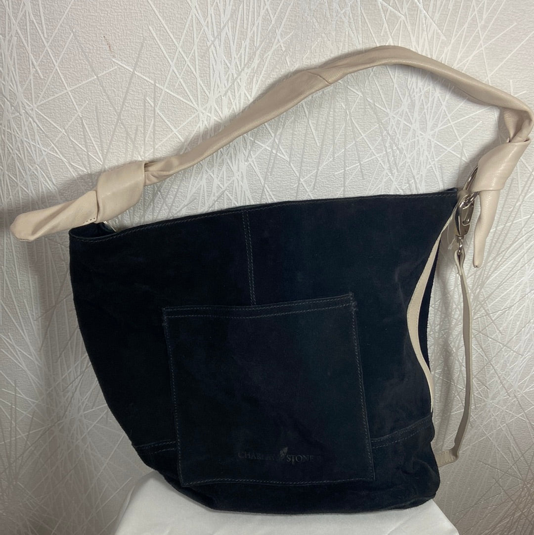 Sac à main avec bandoulière daim et cuir noir Charlay Stone