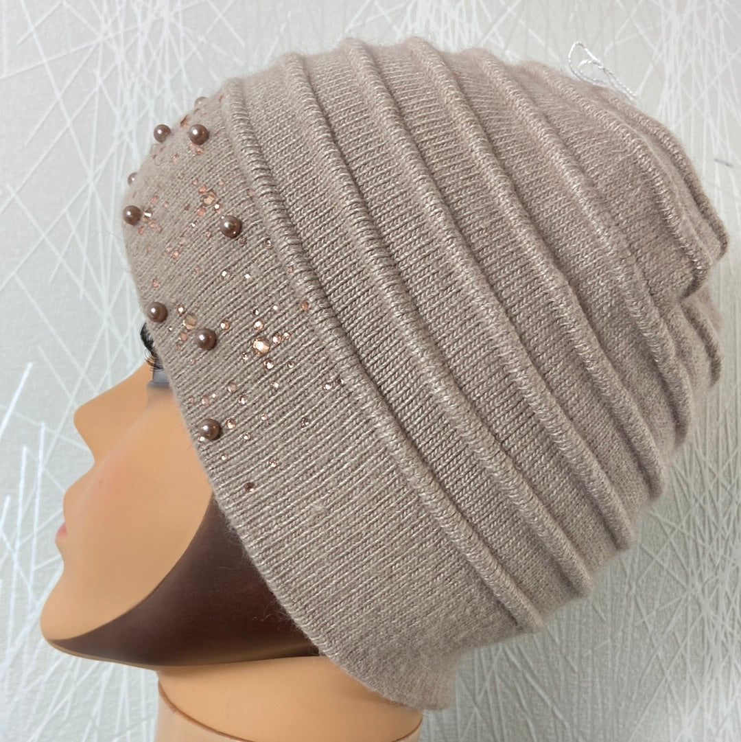 Bonnet chaud pour femme en tricot laine cachemire avec perles strass