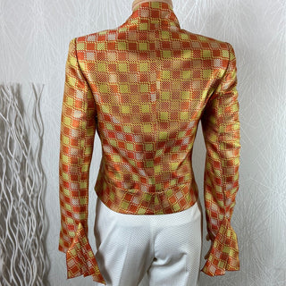 Blazer de créateur doublé en soie motifs carreaux tons orangés Tabala Paris