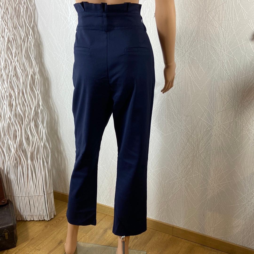 Pantalon femme 7/8 bleu marine taille haute jeu de plis Anna Ellis - Offre-Unique