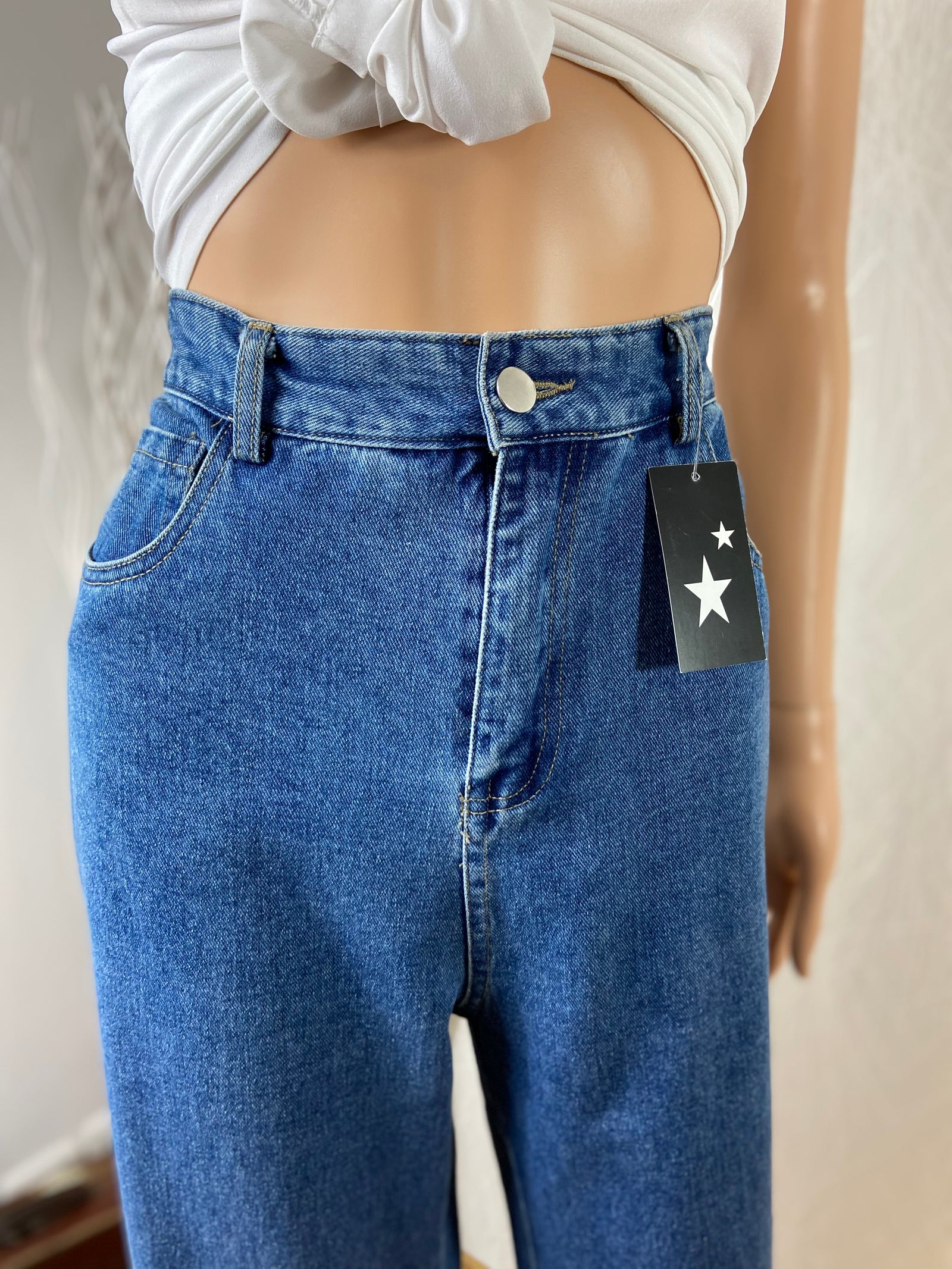 Jean taille haute coupe ample denim bleu moyen Ivivi