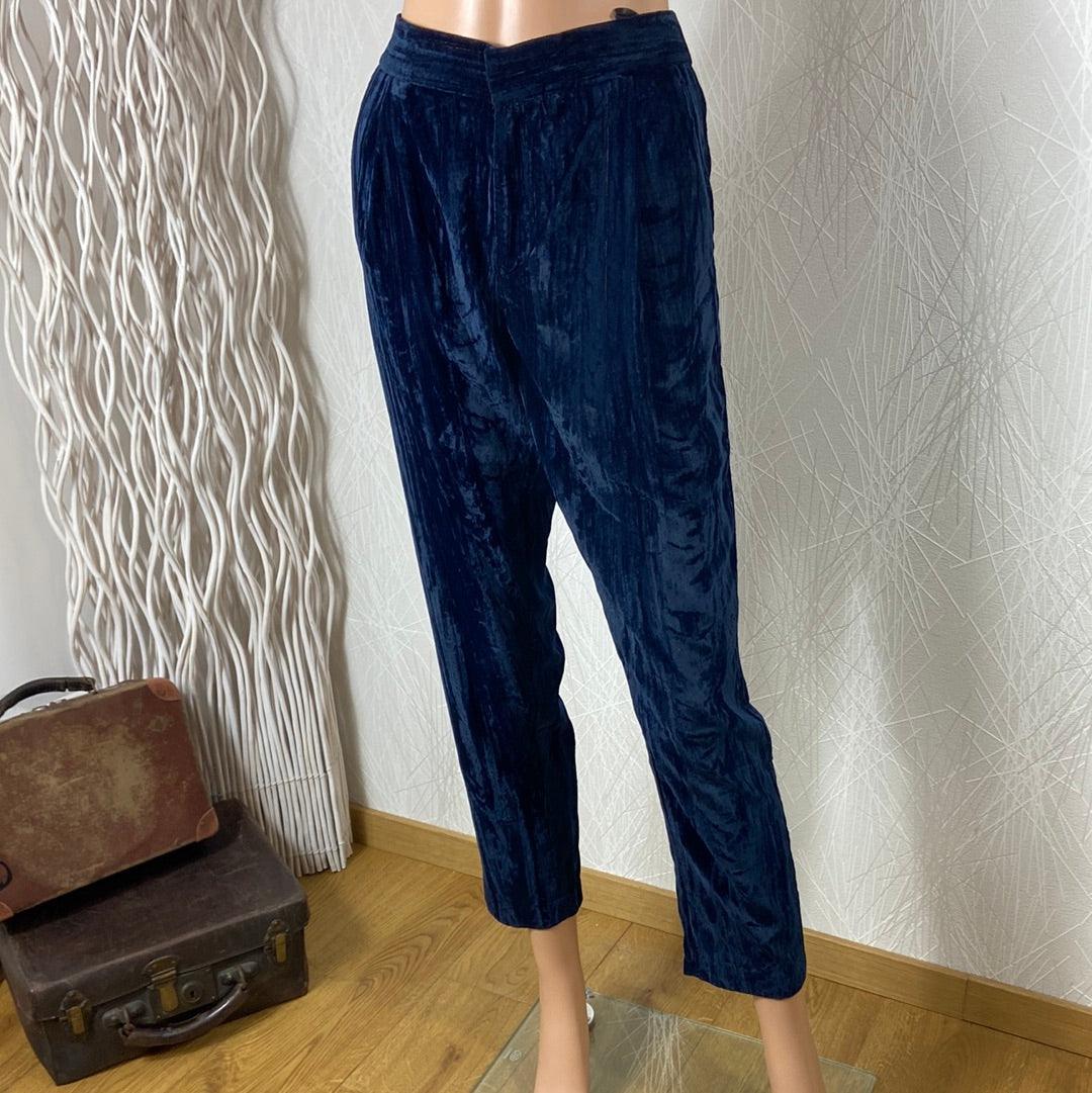 Pantalon velours lisse bleu marine taille haute élastique See U Soon - Offre-Unique