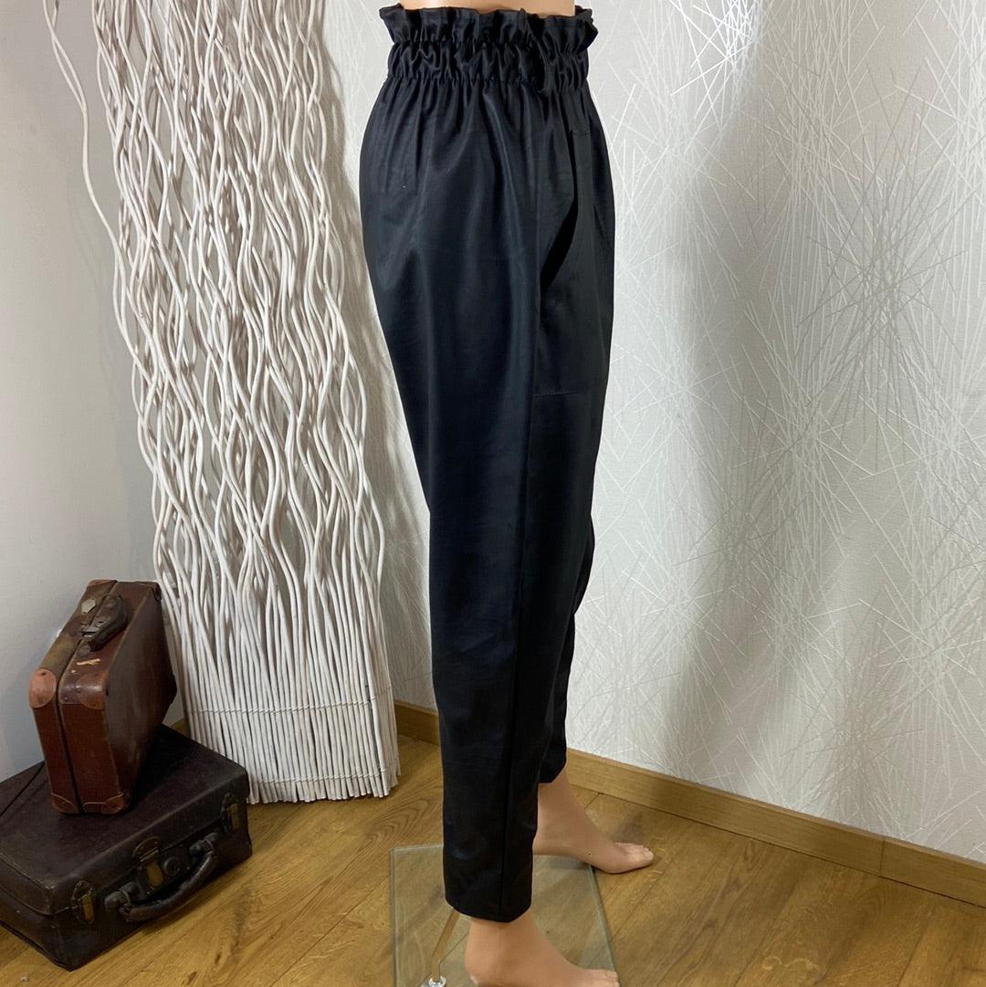 Pantalon noir cuir synthétique taille haute élastique froncée New Collection - Offre-Unique