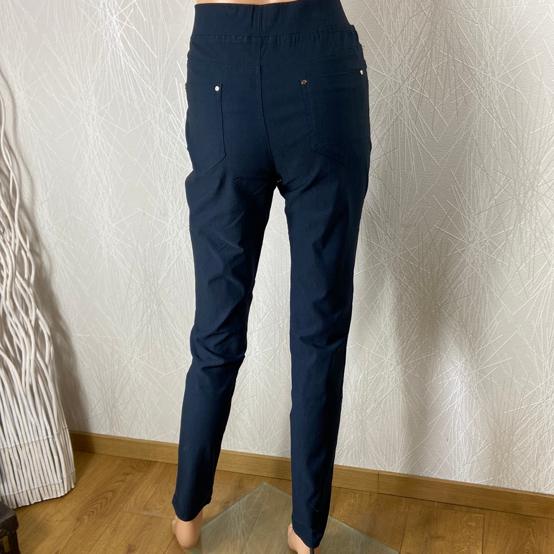 Pantalon femme coton bleu marine taille haute élastique Z & W Fashion