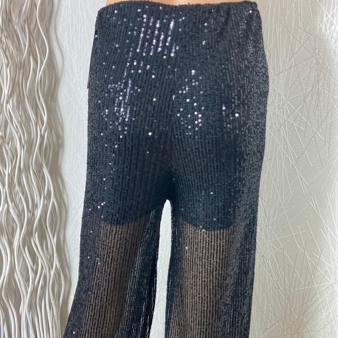 Pantalon transparent noir à sequins fêtes soirée sortie Crème de Bohème - Offre-Unique