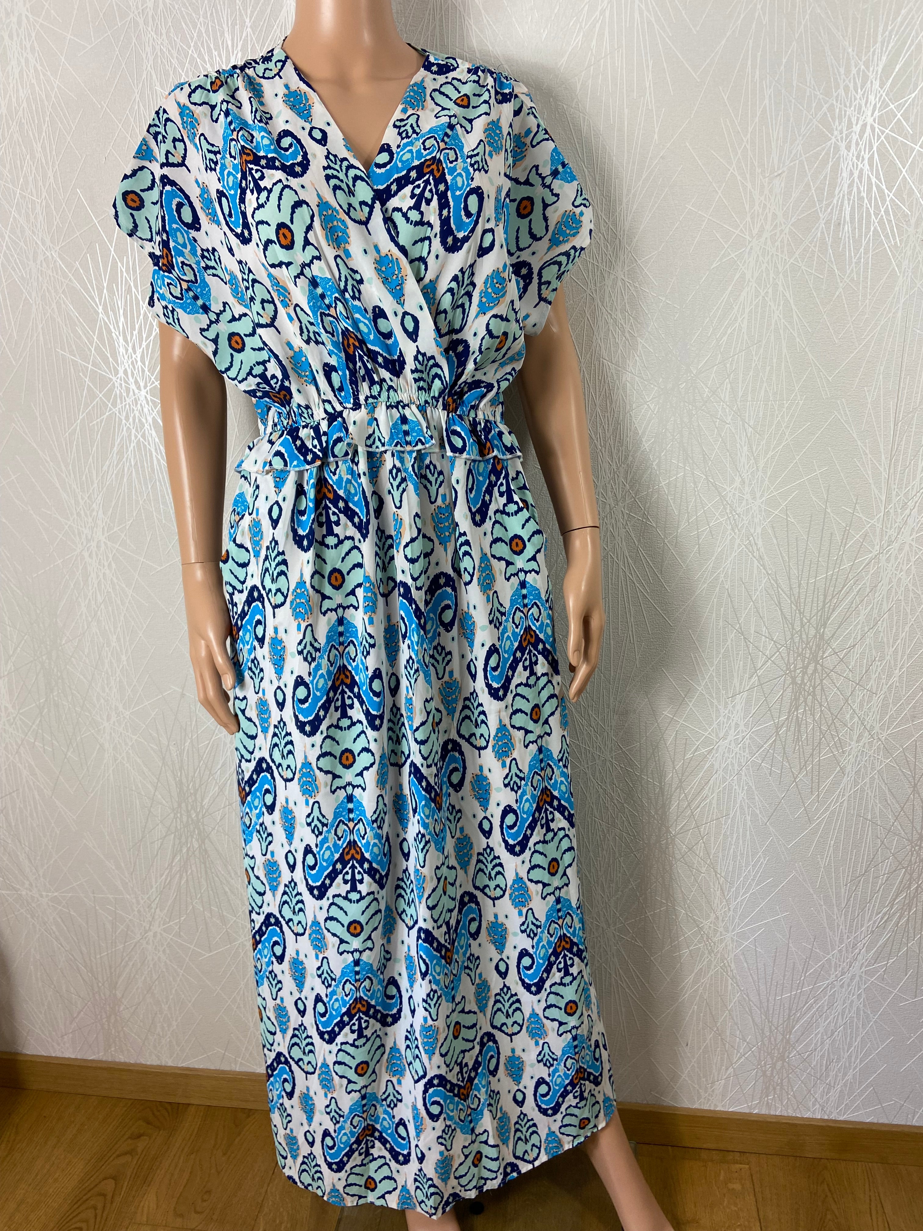 Robe bleue longue légère sans manches fleurs Tese