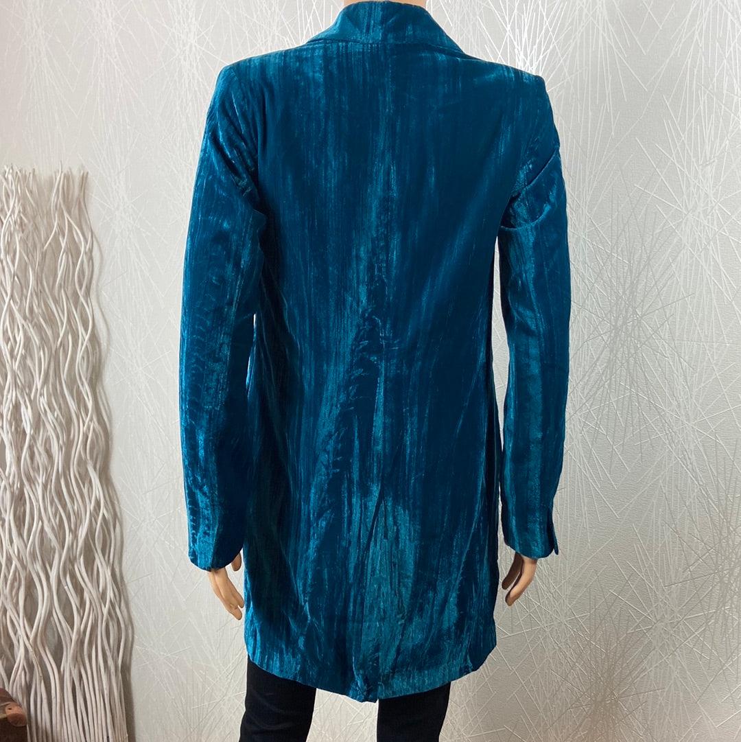 Veste longue femme velours satiné bleu pétrole Surkana - Offre-Unique