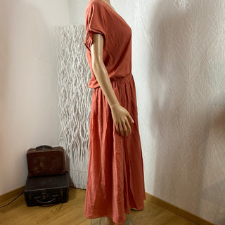 Robe longue coton ceintrée manches courtes col V brun orangé