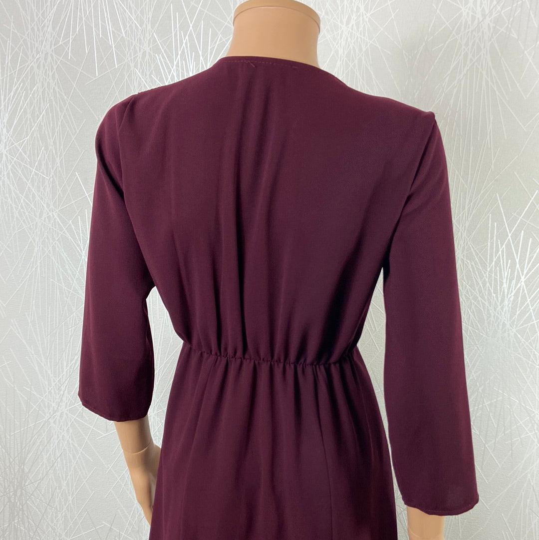 Robe midi rouge bordeaux uni manches 3/4 cache coeur taille élastique Les Petites Fleurs - Offre-Unique