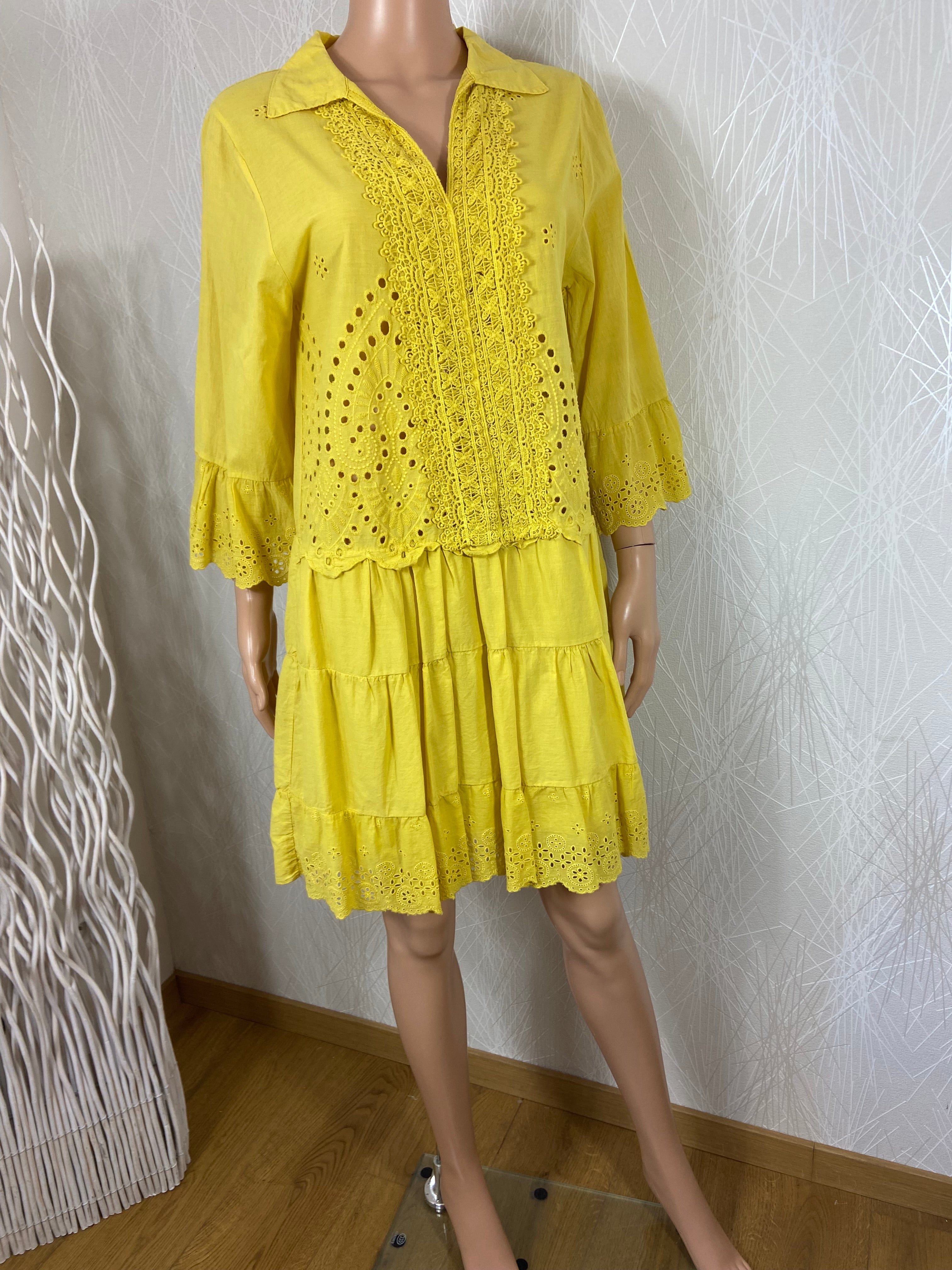 Robe ajourée jaune manches 3/4 100% coton Laure 25 - Taille Unique