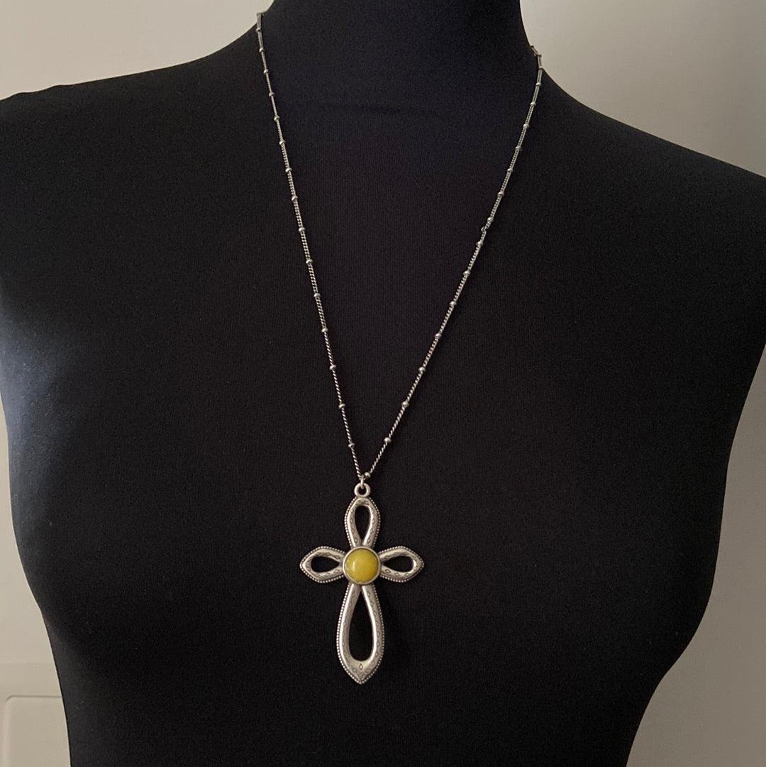 Collier long pendentif croix plaqué argent pierre semi précieuse jaune Shabada - Offre-Unique