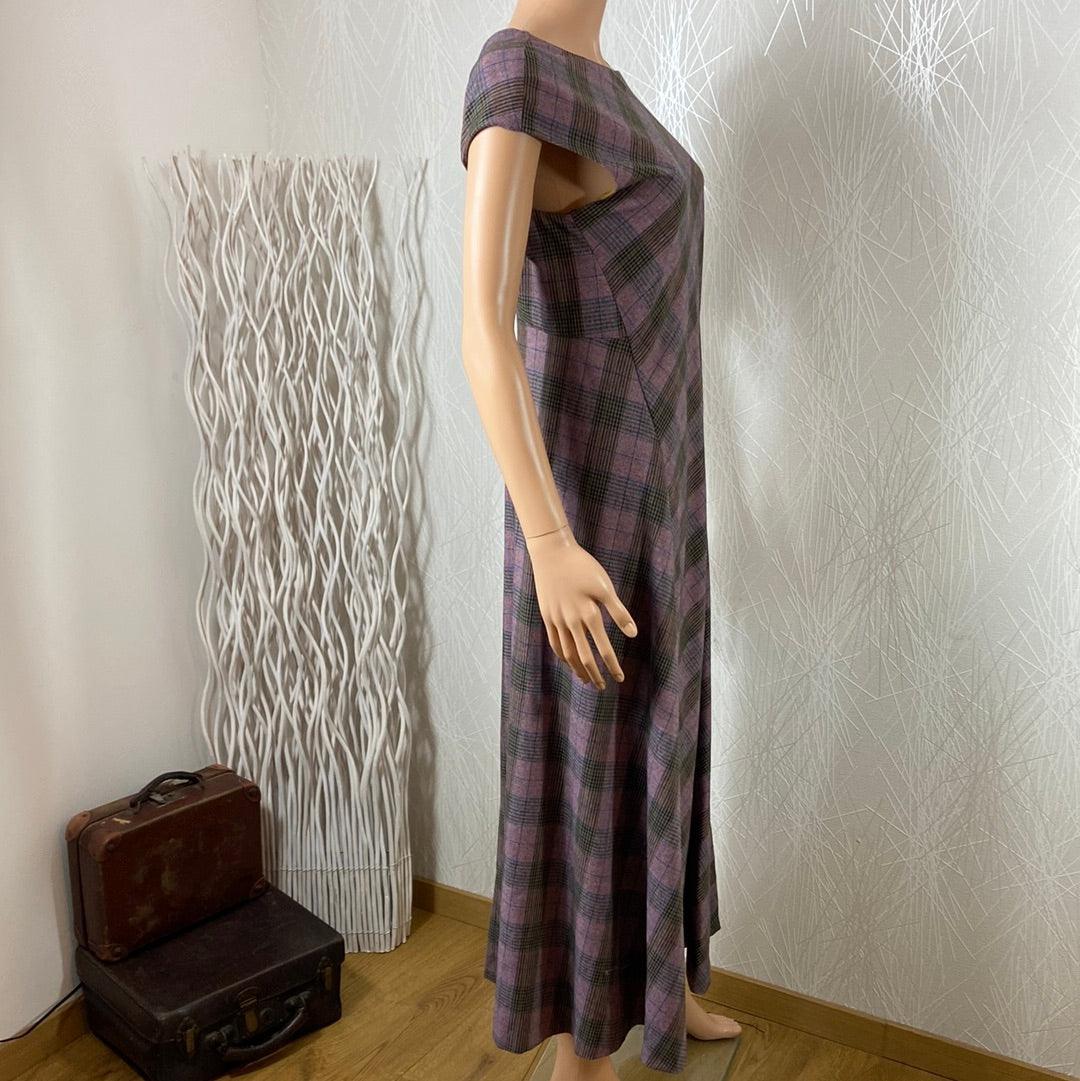 Robe longue manches courtes encolure bateau dos nu échancré à carreaux violet Maliparmi - Offre-Unique