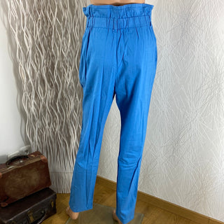 Pantalon femme coton lin bleu taille haute élastique Naf Naf