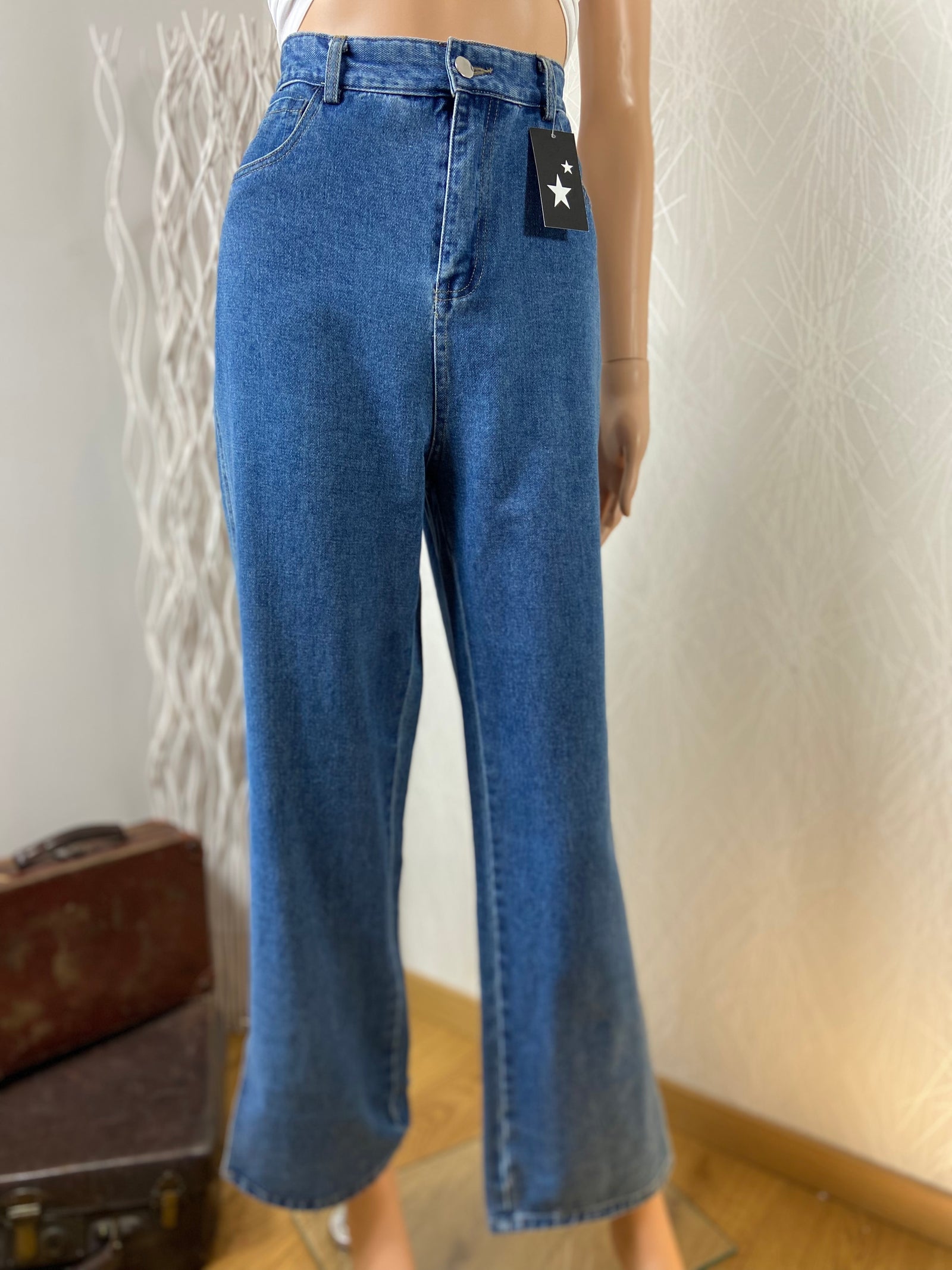 Jean taille haute coupe ample denim bleu moyen Ivivi