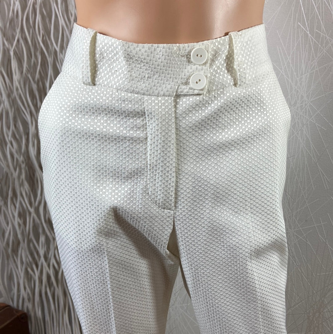 Pantalon blanc habillé de créateur motif nid d'abeille taille haute coupe droite Tabala Paris