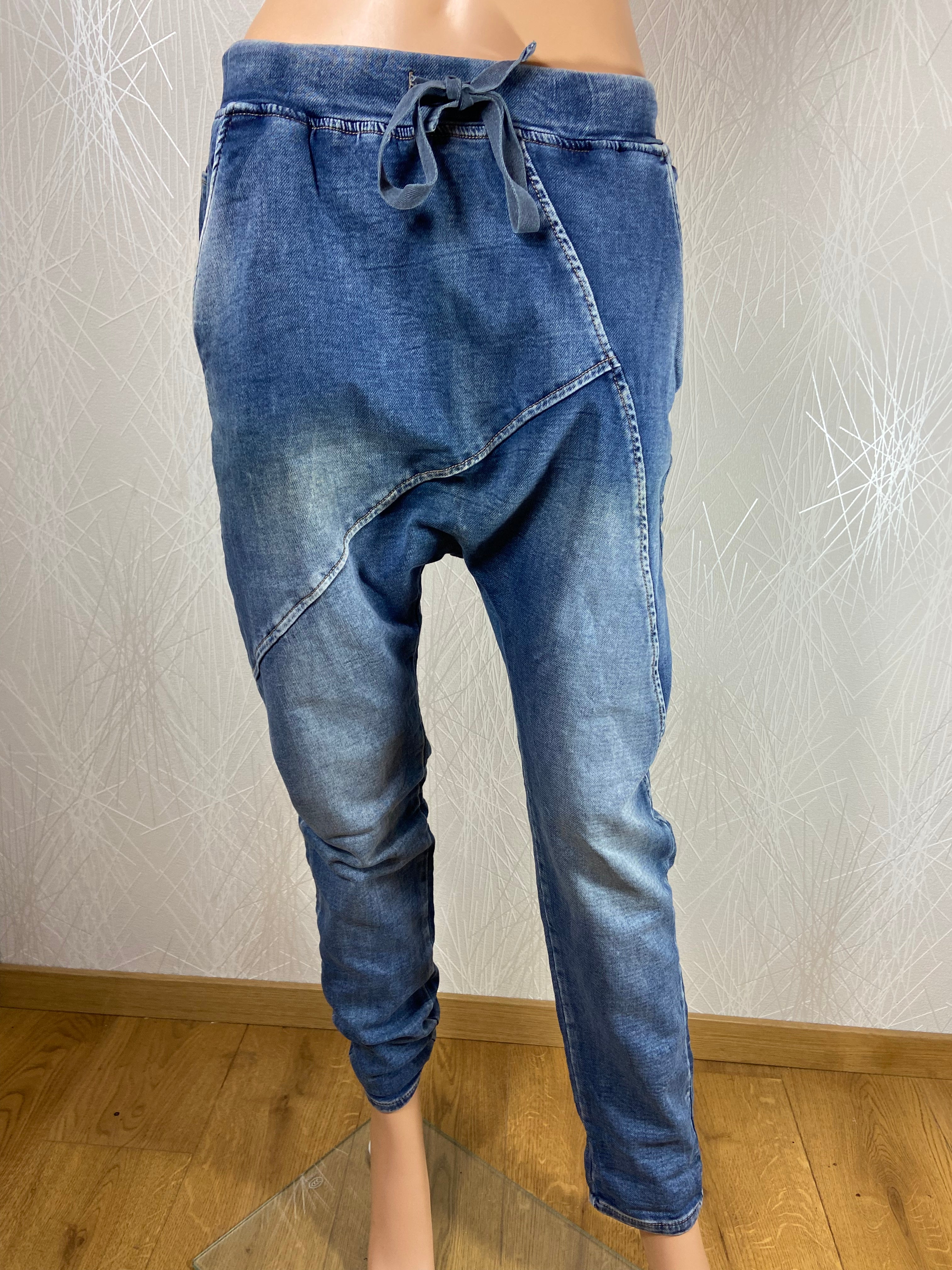 Jeans sarouel coton denim bleu délavé taille élastique