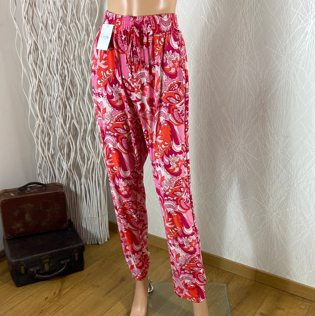 Pantalon fluide rose taille haute élastique motif fleuri coupe droite Contemplay