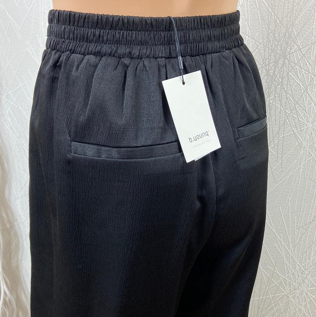 Pantalon noir femme tissu satin taille haute élastique Byjimsa Pants b.young - Offre-Unique