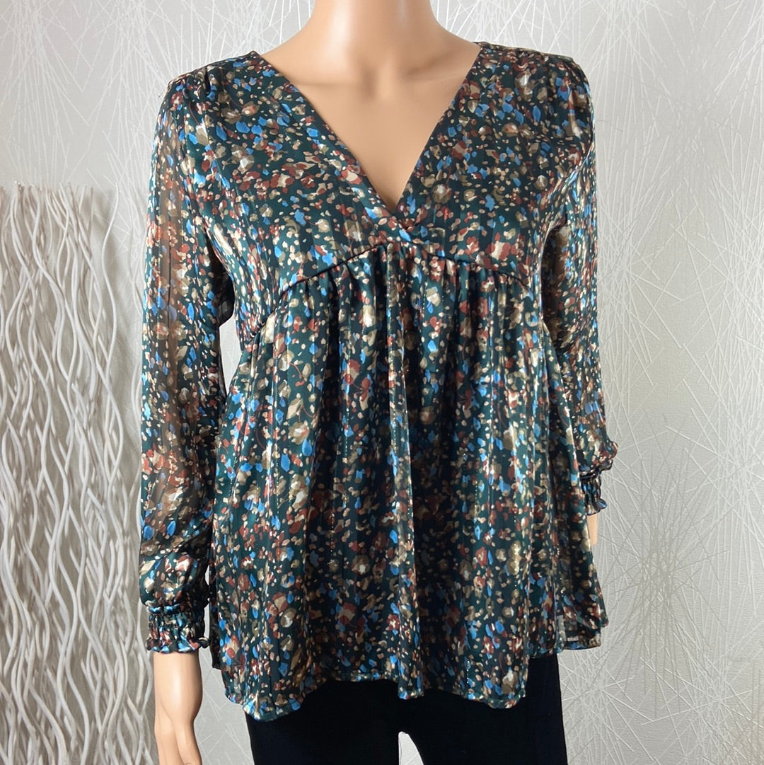 Blouse doublée multicolore fils dorés manches longues transparentes Les Petites Fleurs