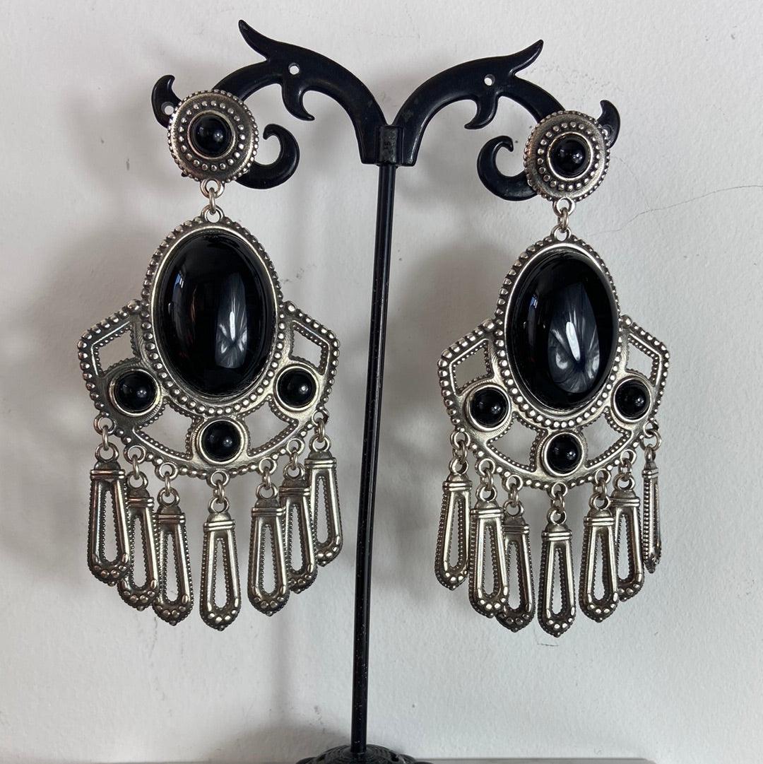 Boucles d’oreilles pendantes plaqué argent pierre semi-précieuse noire Shabada - Offre-Unique