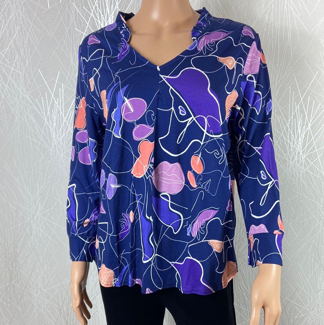Blouse bleue à motifs col V manches longues plis Le Singe de Julie - Offre-Unique