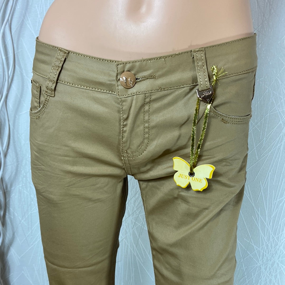 Pantalon coton enduit couleur camel taille normale jambes évasées Just One