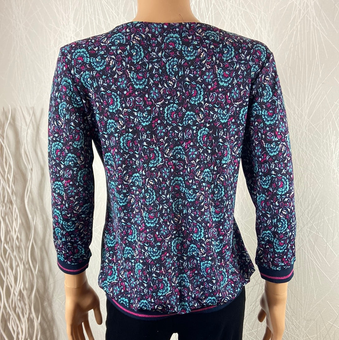 Blouse fleurie turquoise et rose col V Manches 3/4 elastique Le Singe de Julie