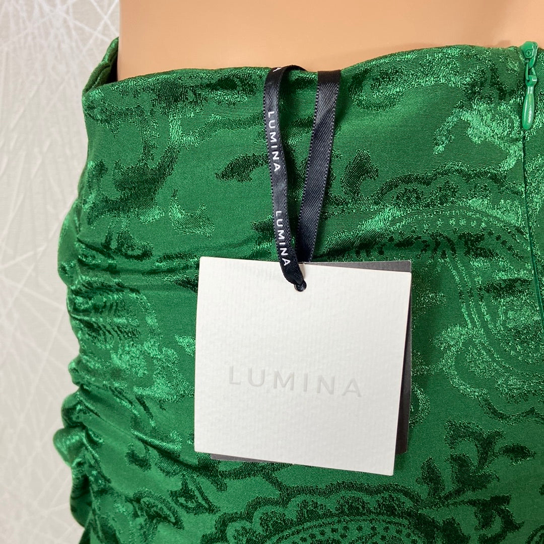 Jupe longue fendue tissu satin vert taille mi-haute Lumina